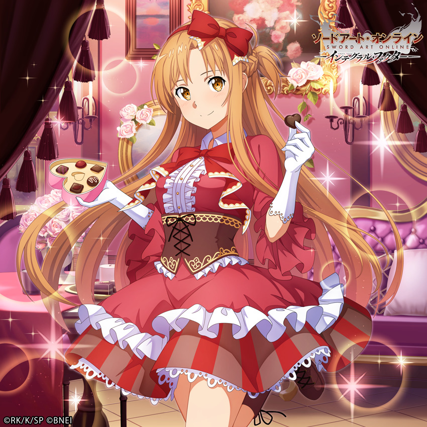 Anime girl in red Christmas dress holding gift with blonde hair and sparkling background