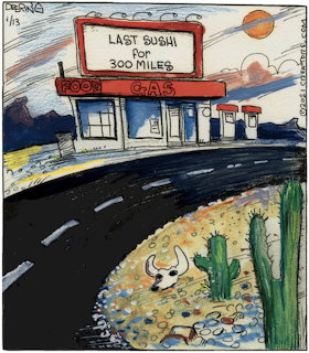 Cartoon desert gas station with sign reading Last Sushi for 300 Miles, highway cacti, and cow skull