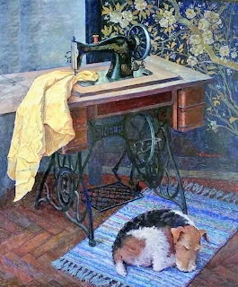 Sleeping Terrier by Sewing Machine