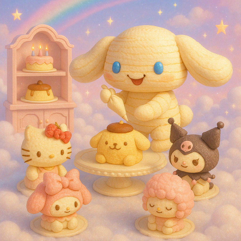 Cute Cinnamoroll bunny character surrounded by Hello Kitty and other Sanrio friends with colorful cakes in pastel setting