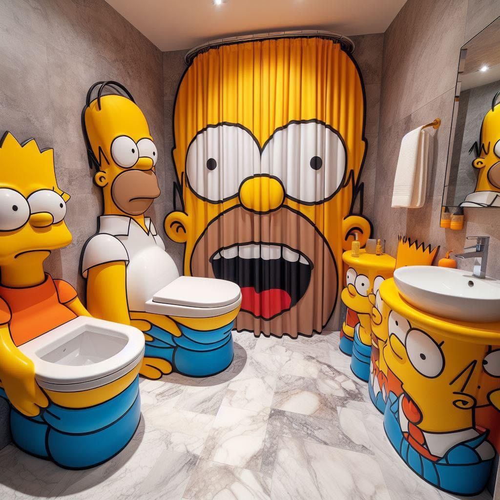 Bathroom with Simpsons character decorations including Homer and Bart figures and themed fixtures