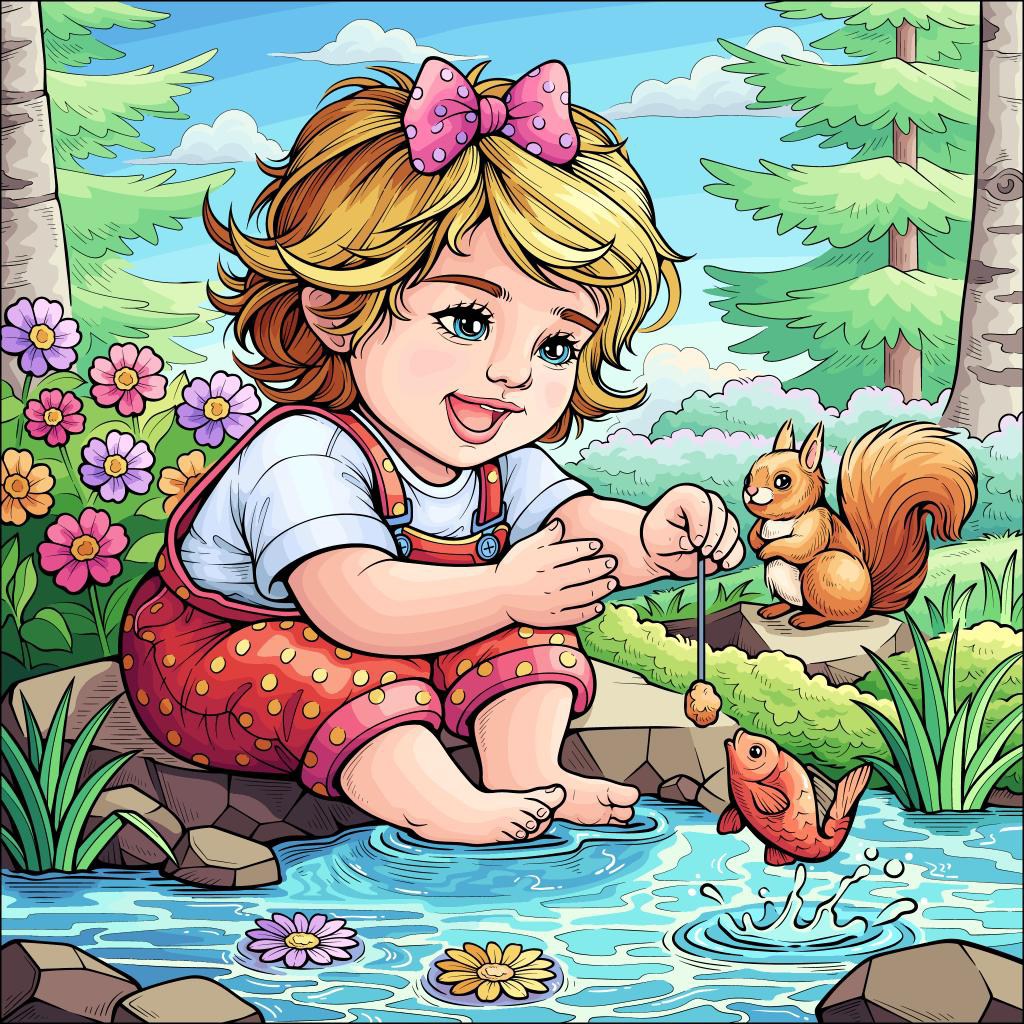 Cartoon girl with pink bow sitting by a stream playing with a red fish while a squirrel watches