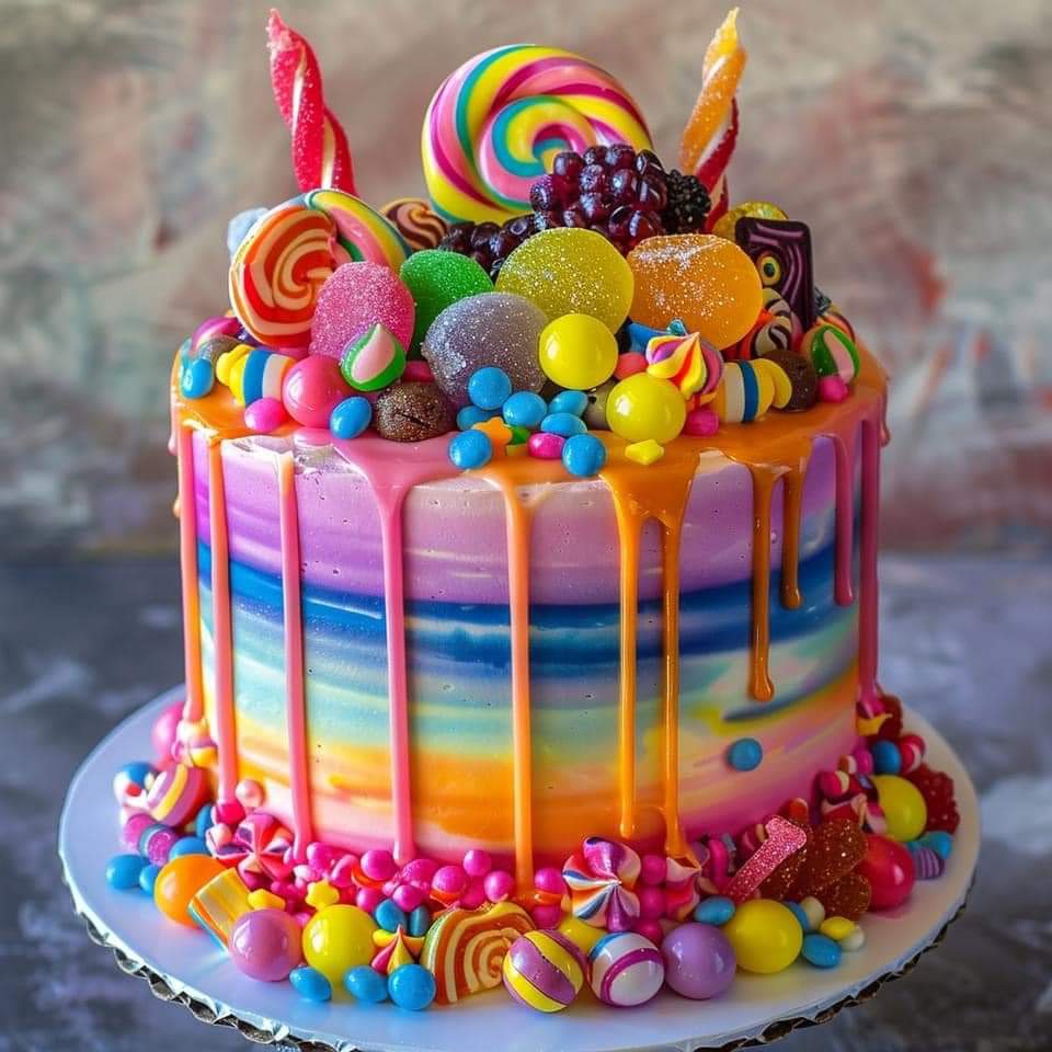 Multi-layered rainbow cake topped with colorful candies, lollipops, and dripping icing