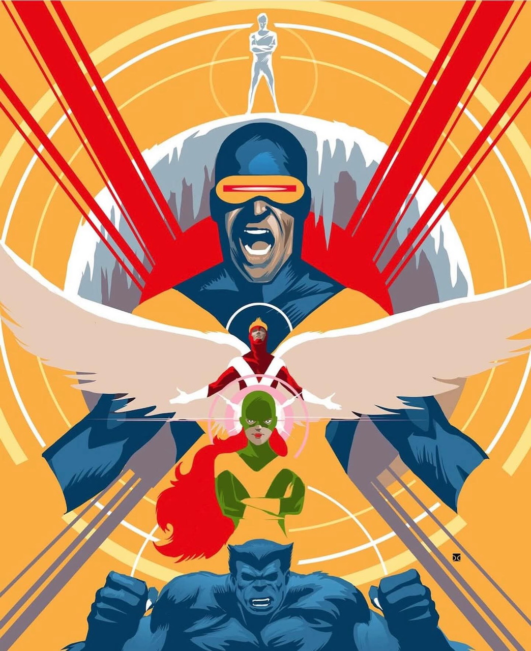 Retro-style X-Men illustration featuring Cyclops, Angel, Jean Grey, and Beast with bold colors
