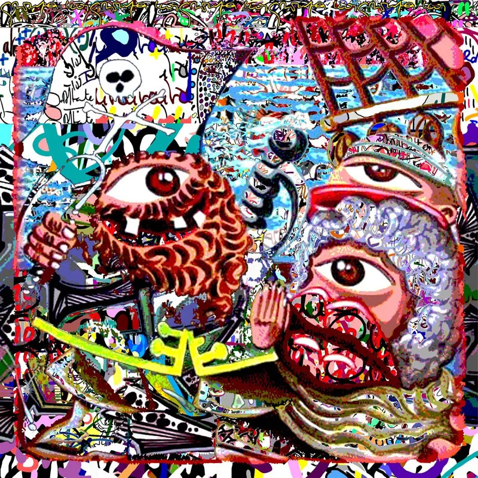 Chaotic psychedelic collage with surreal eyes, faces, and abstract colorful patterns densely layered together