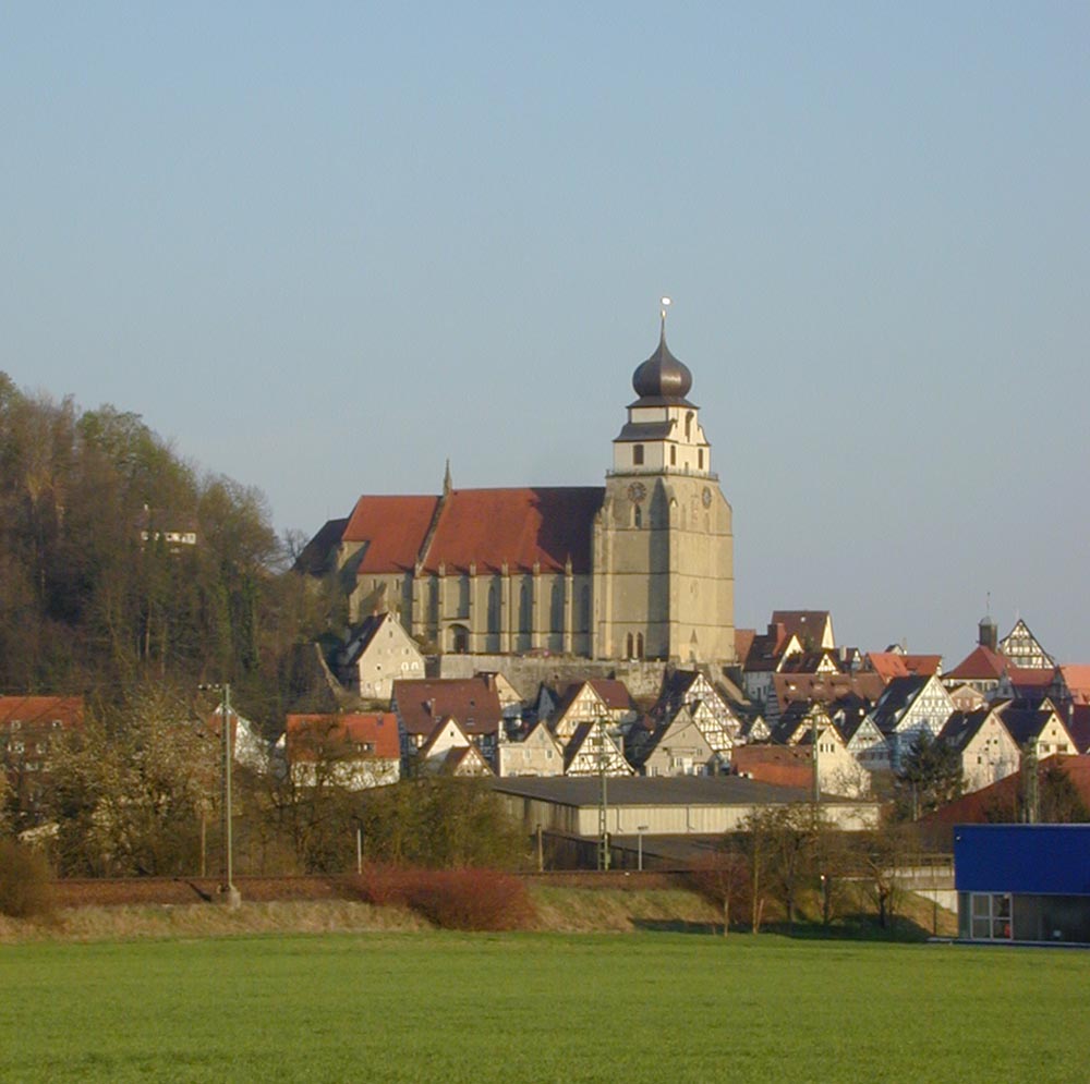 Stiftskirche Herrenberg above a village with red roofs and green fields
