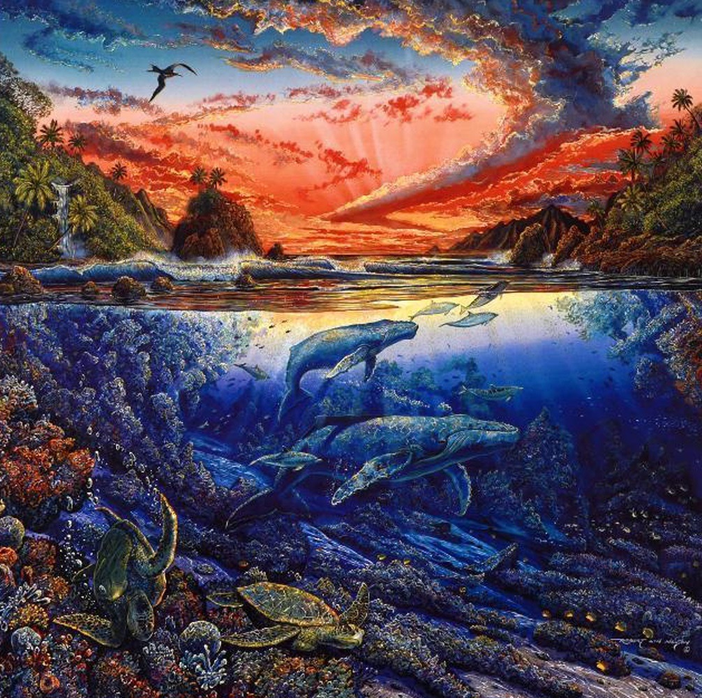 Split scene painting: tropical sunset above water, whales and coral reef below