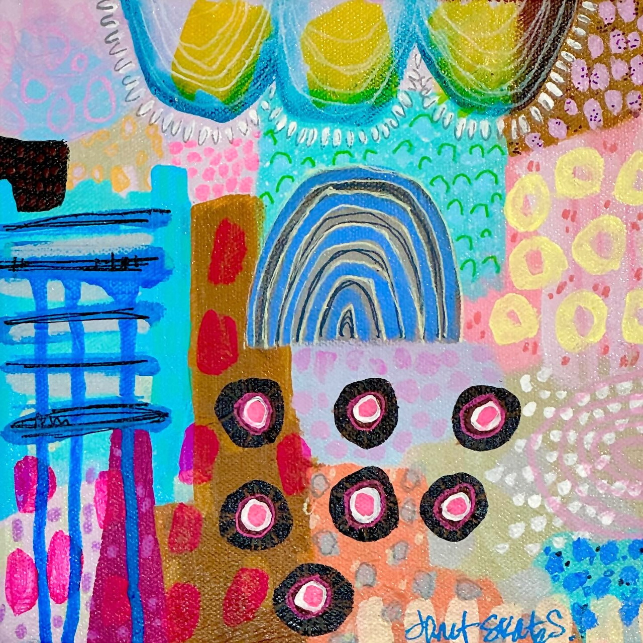 Colorful abstract painting with geometric shapes, circles, stripes, and rainbow patterns