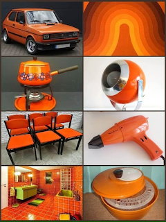 Collage of retro orange items including a car, lamp, fondue set, chairs, hair dryer, and70s interior