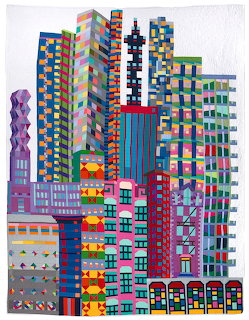 Colorful fabric quilt collage of New York City buildings and skyscrapers in patchwork style