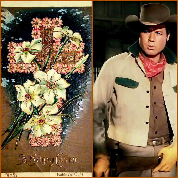 Split image with a cowboy portrait next to a vintage floral illustration of pale yellow flowers