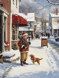 Boy in winter clothing meeting a small dog on snowy main street with brick shops