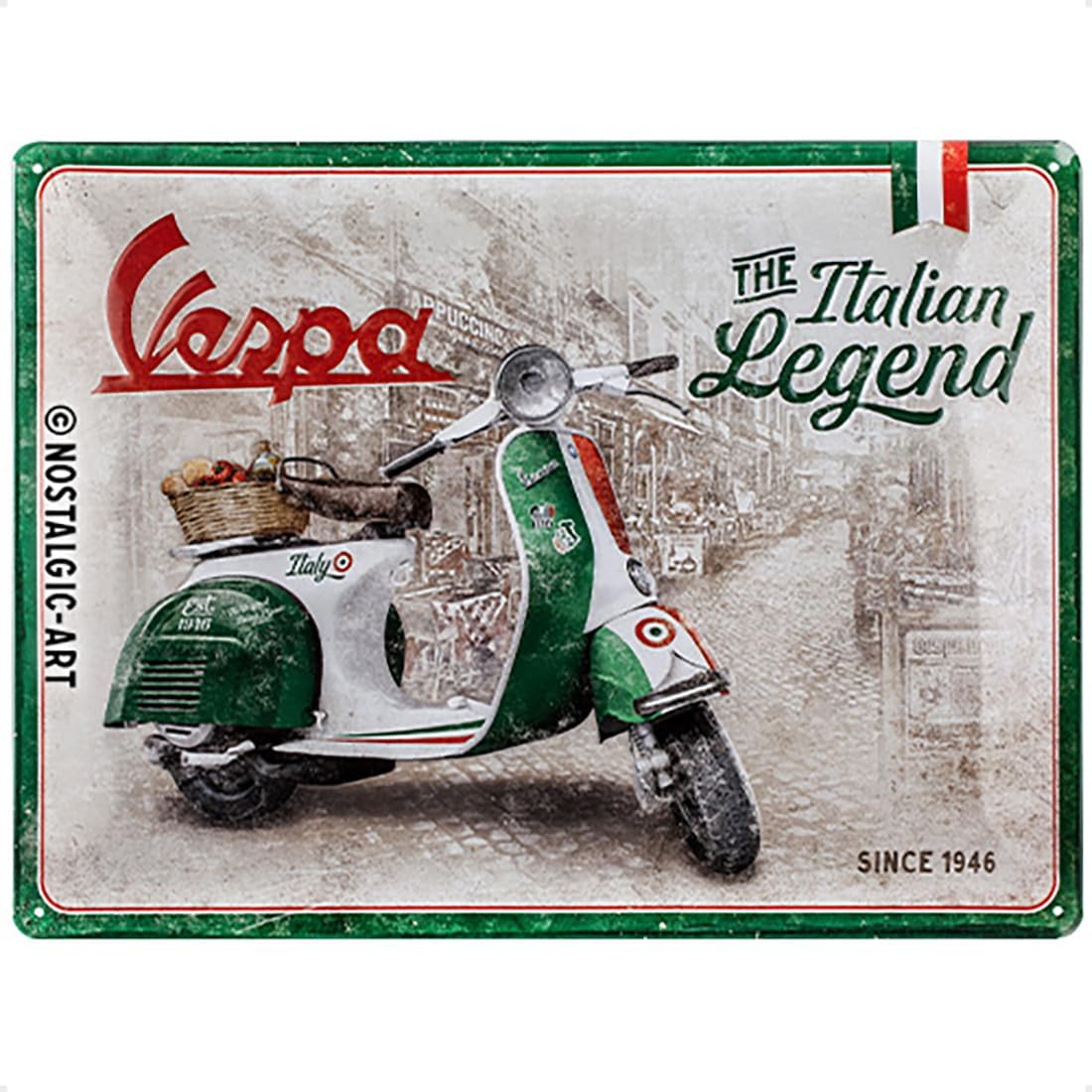 Vintage tin sign of a green white and red Vespa scooter with text The Italian Legend Since 1946
