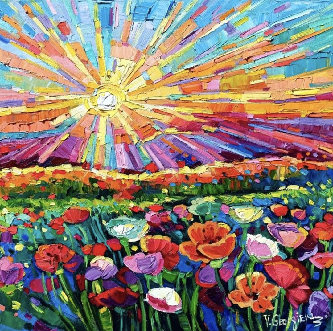 Colorful painting of flower field with radiating sunburst sky in bold brushstrokes