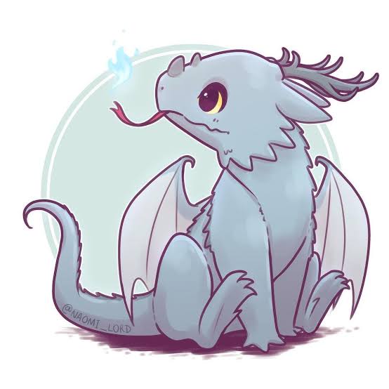 Cute blue cartoon dragon sitting with small wings and a curled tail