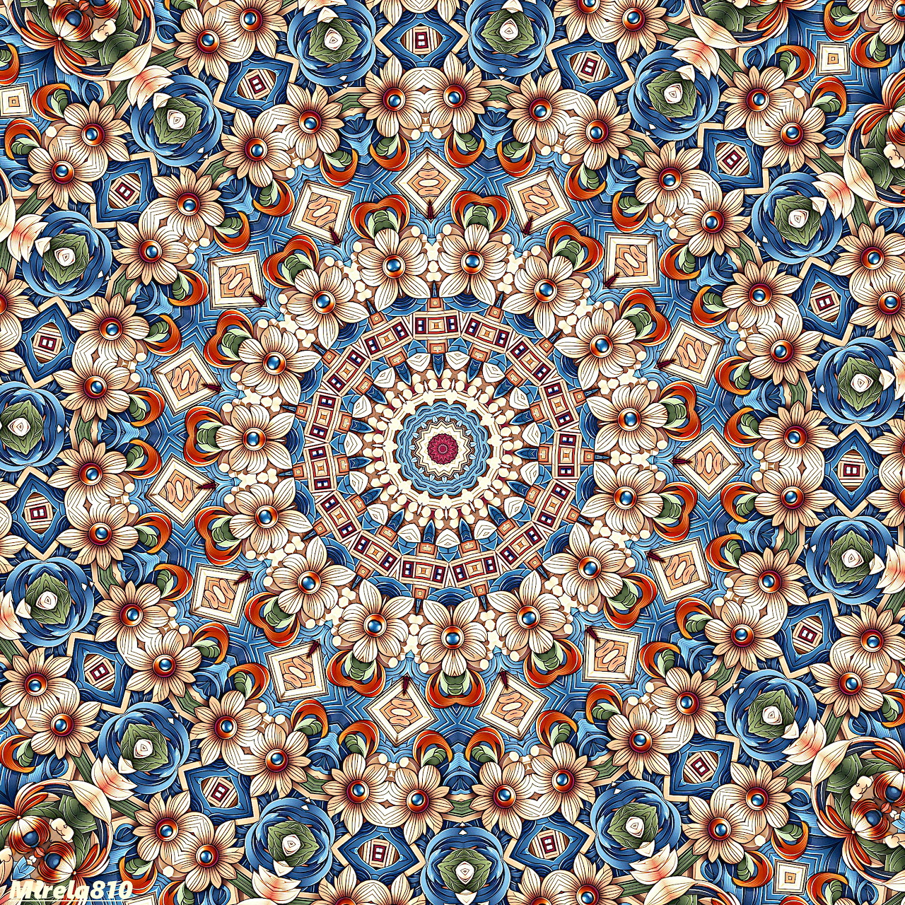 Ornate circular mandala with intricate symmetrical geometric patterns in blue, orange, and cream colors