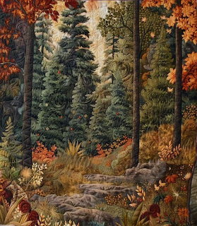 Quilted tapestry of an autumn forest with tall evergreen trees, fall foliage, and stone steps