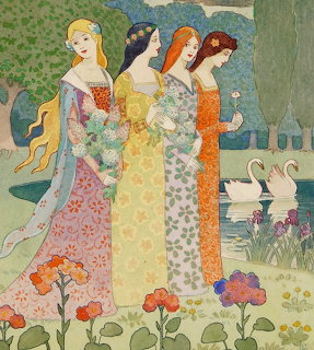 Illustration of four women in ornate floral dresses standing in a garden with swans and flowers