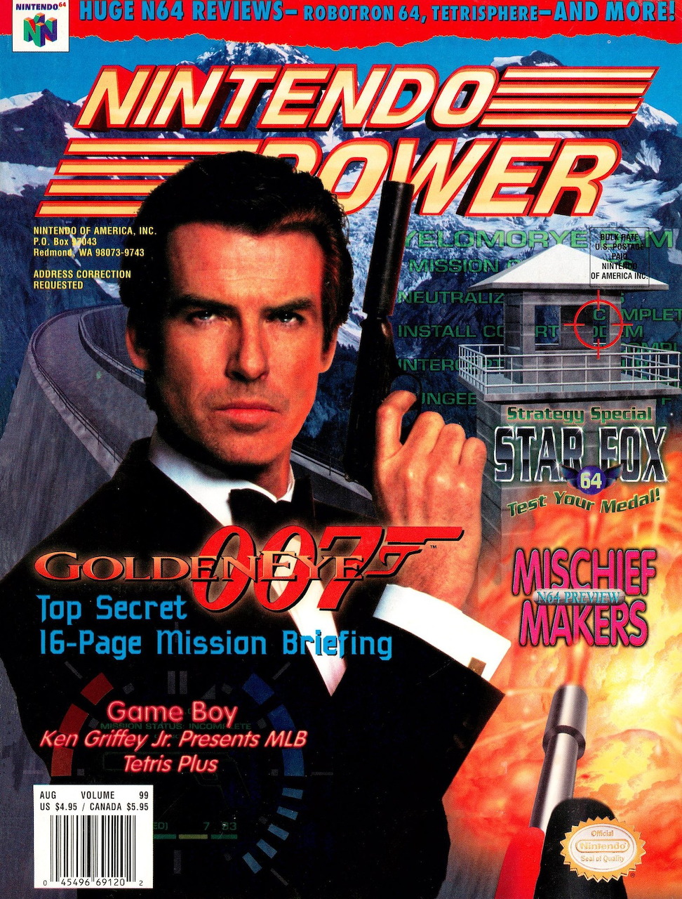 Nintendo Power magazine cover issue 99 featuring GoldenEye 007 with man in suit holding pistol