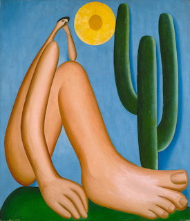 Surrealist painting of abstract legs and feet with green cactus and yellow sun on blue background