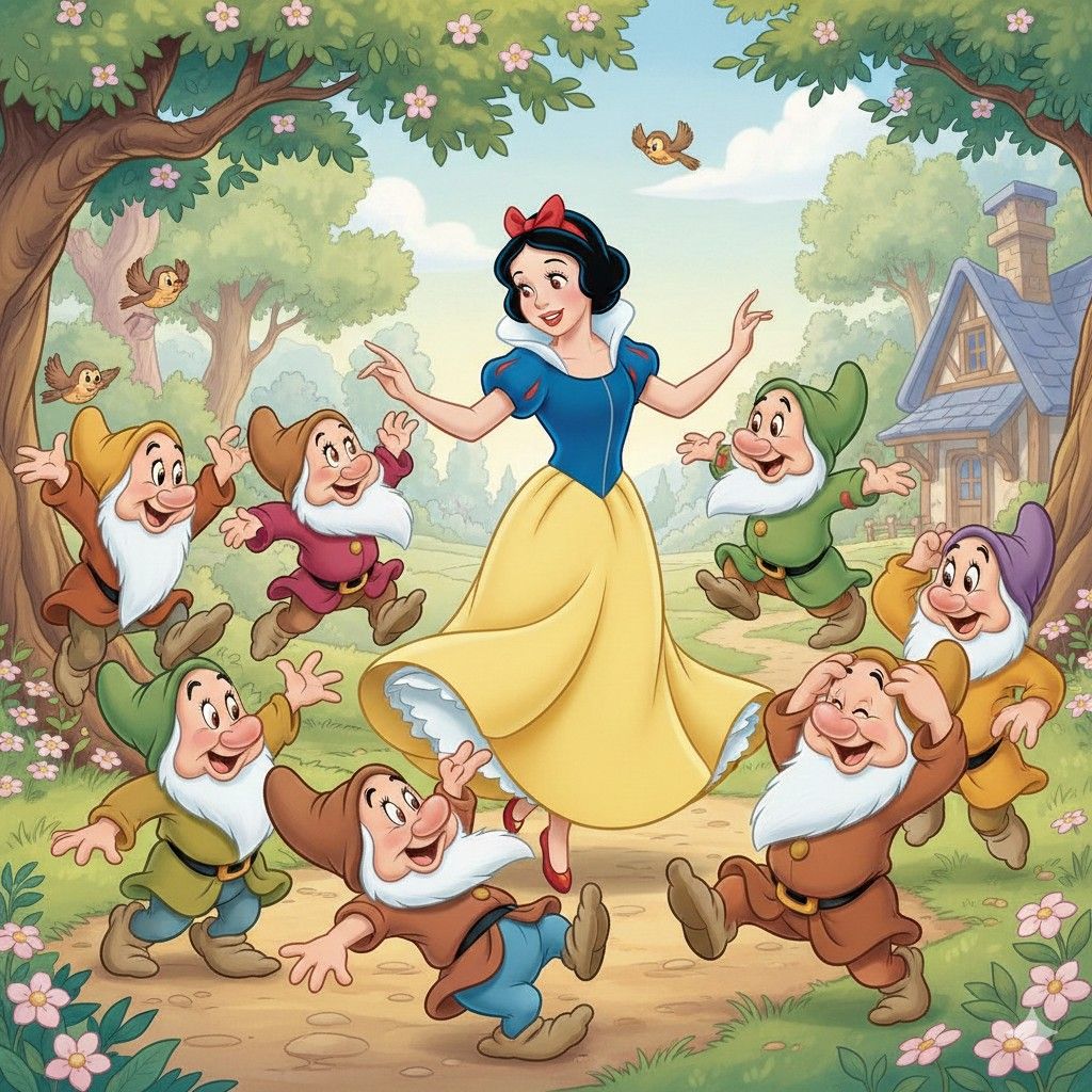Snow White in yellow skirt and blue top dancing with seven dwarfs in forest setting