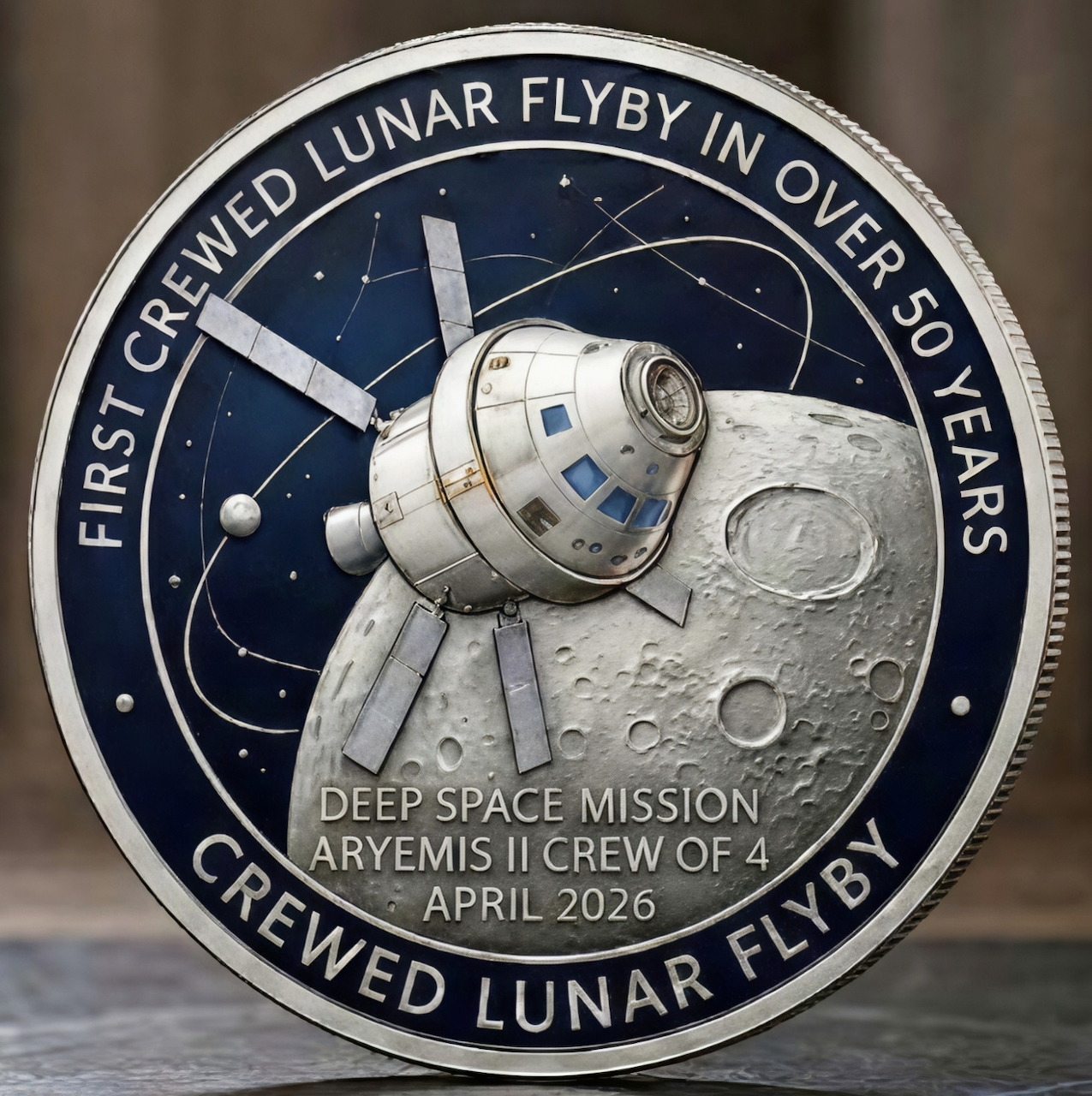 Artemis II commemorative coin back featuring Orion spacecraft near the Moon with mission text