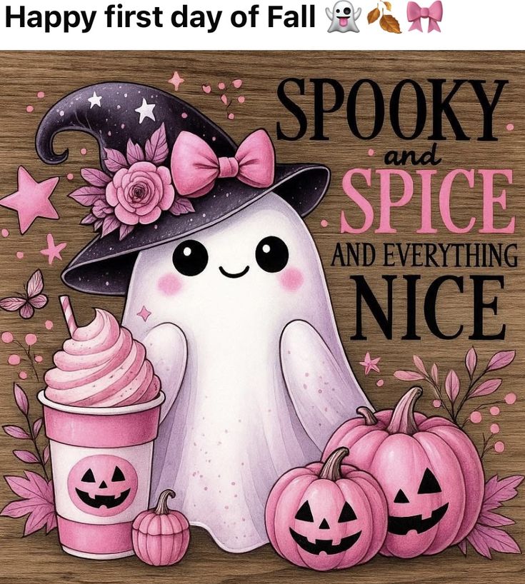 Cute white ghost wearing purple witch hat with pink bow, surrounded by pastel pumpkins and autumn leaves