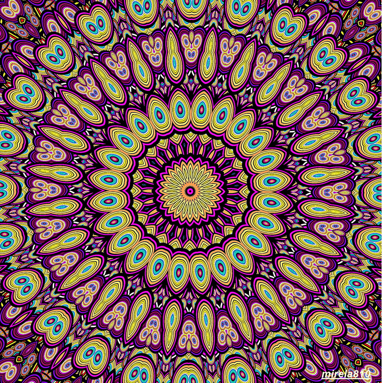 Colorful symmetrical mandala pattern with purple background and yellow, teal, and pink peacock-feather motifs radiating outward