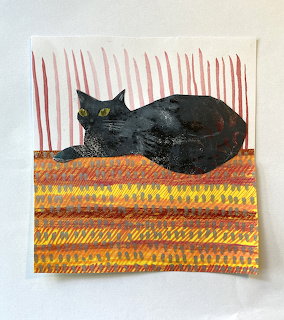 Illustration of a black cat lying on a colorful orange and yellow striped rug with pink streaked background