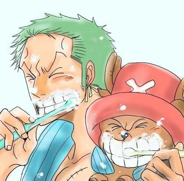 Anime art of green-haired swordsman and reindeer character with pink hat smiling together