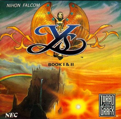 Fantasy cover art for Ys Book I & II with winged logo over a cliff, rainbow, and bright sun
