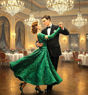 Couple dancing in formal attire in elegant ballroom with chandeliers