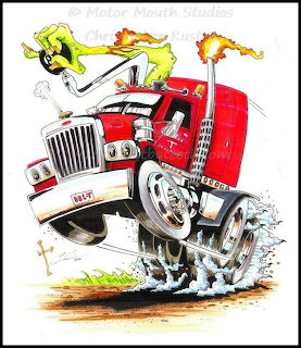 Cartoon red semi truck doing a wheelie with huge tires, smoking exhaust pipes, and a crazy driver