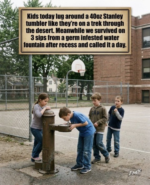 Four kids drinking from a school outdoor water fountain with a funny generational meme text overlay