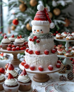 Three-tier white cake shaped like a snowman with red accents and Santa hat topper, displayed with Christmas treats
