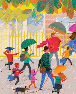 Illustration of people with umbrellas walking in rain under autumn trees with yellow and orange leaves
