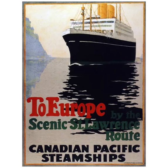 Vintage poster of a Canadian Pacific steamship at sea with travel text advertising Europe