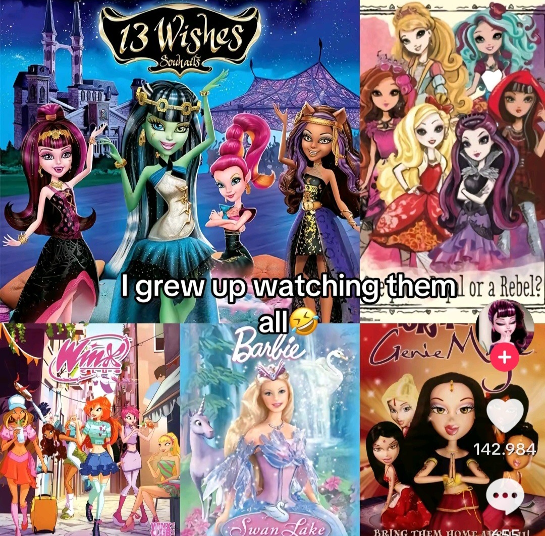Collage of Barbie and doll character images with social media icons and on-screen text
