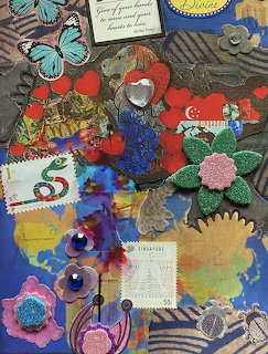 Colorful collage with butterflies, flowers, stamps, and fabric patches in varied patterns and textures