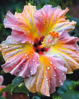 Close-up of a colorful hibiscus flower with water droplets on pink, yellow, and orange petals