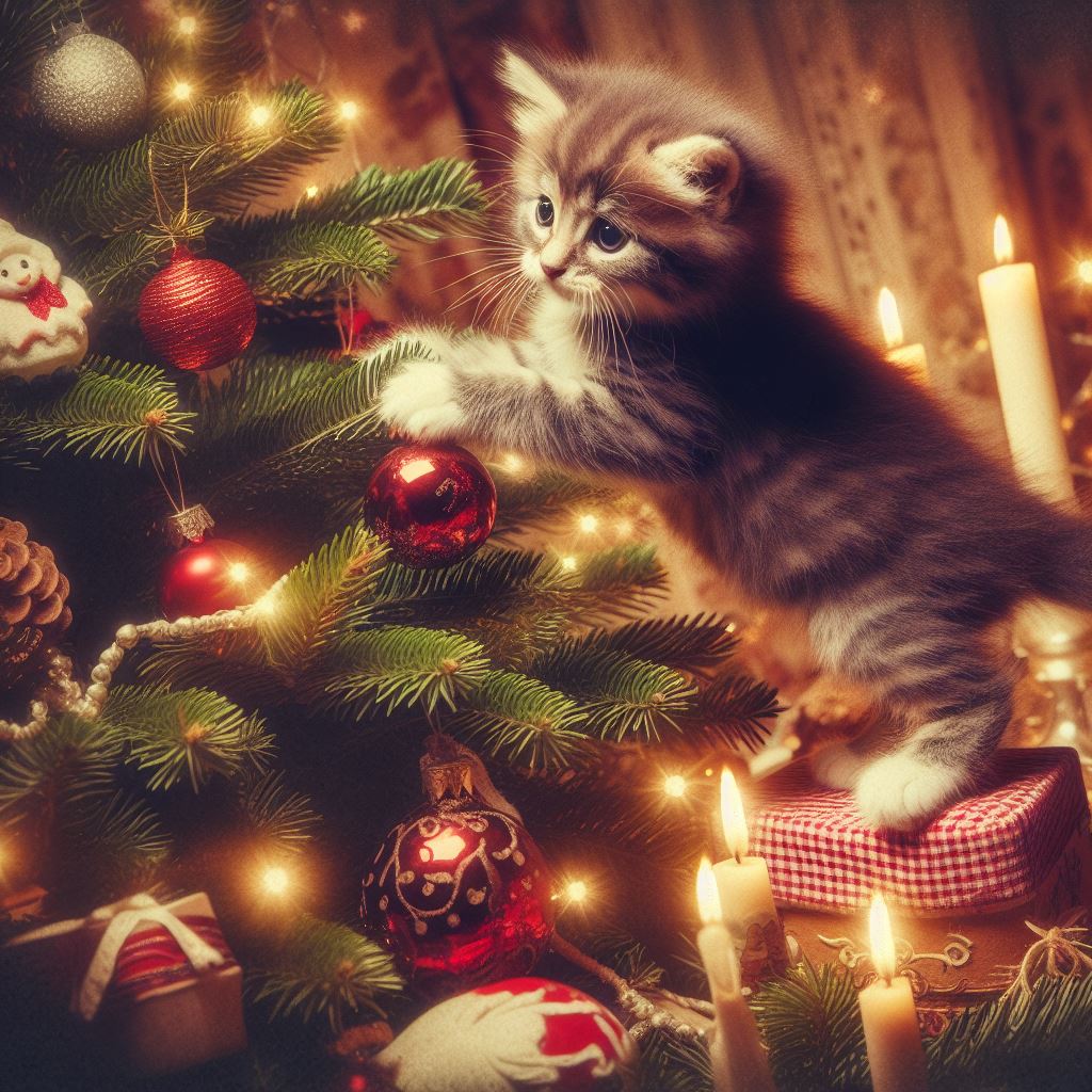 Fluffy kitten beside decorated Christmas tree with ornaments and candles