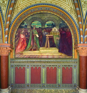 Ornate interior mural depicting a medieval royal scene with colorful arches and columns in Budapest National Archives