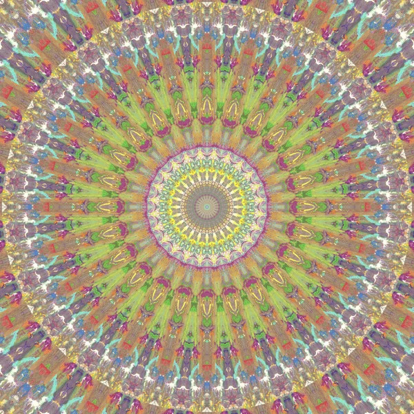 Colorful symmetrical mandala with intricate geometric patterns radiating from center in green, yellow, and purple