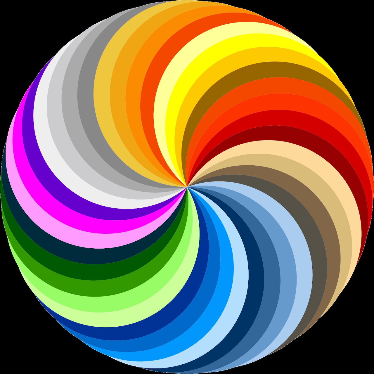 Colorful spiral wheel with rainbow gradient segments radiating from center on black background