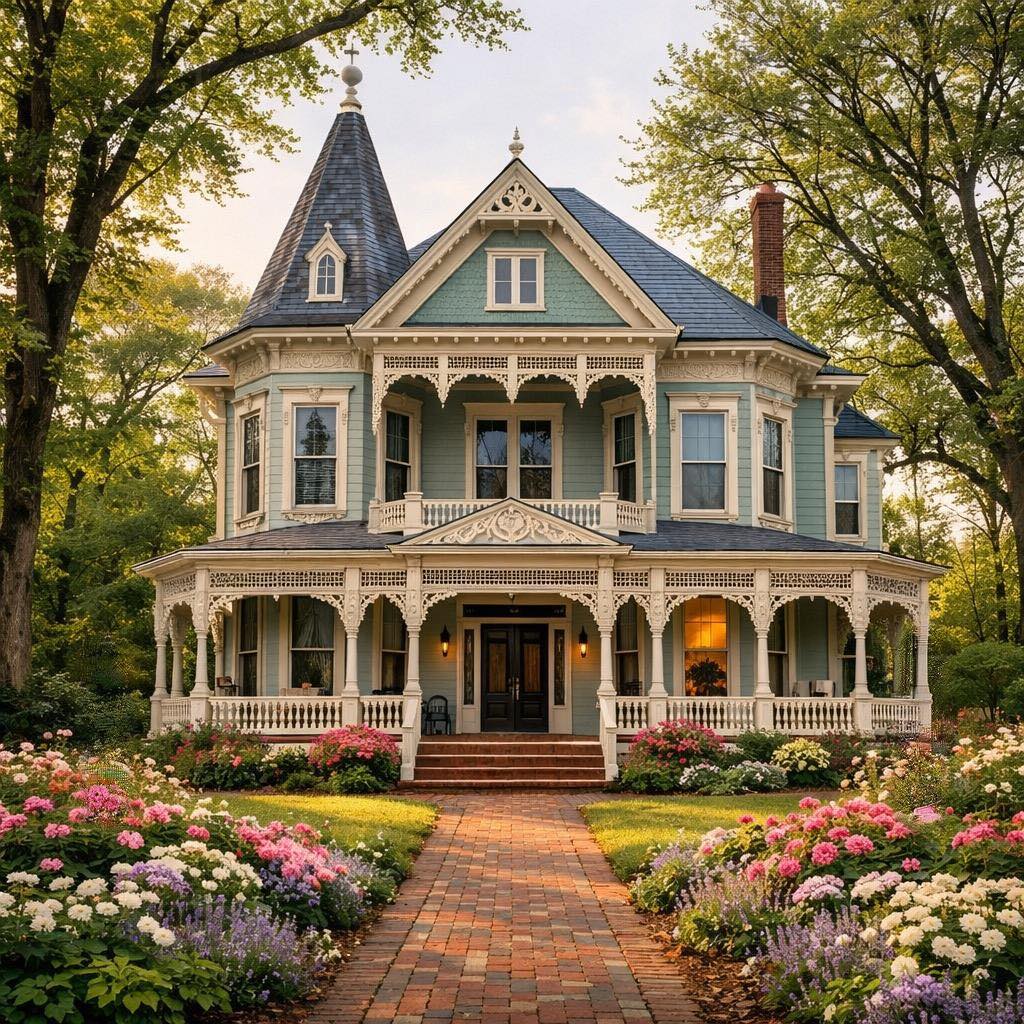 Large Victorian house with blue-gray siding, decorative trim, front porch, and colorful flower beds