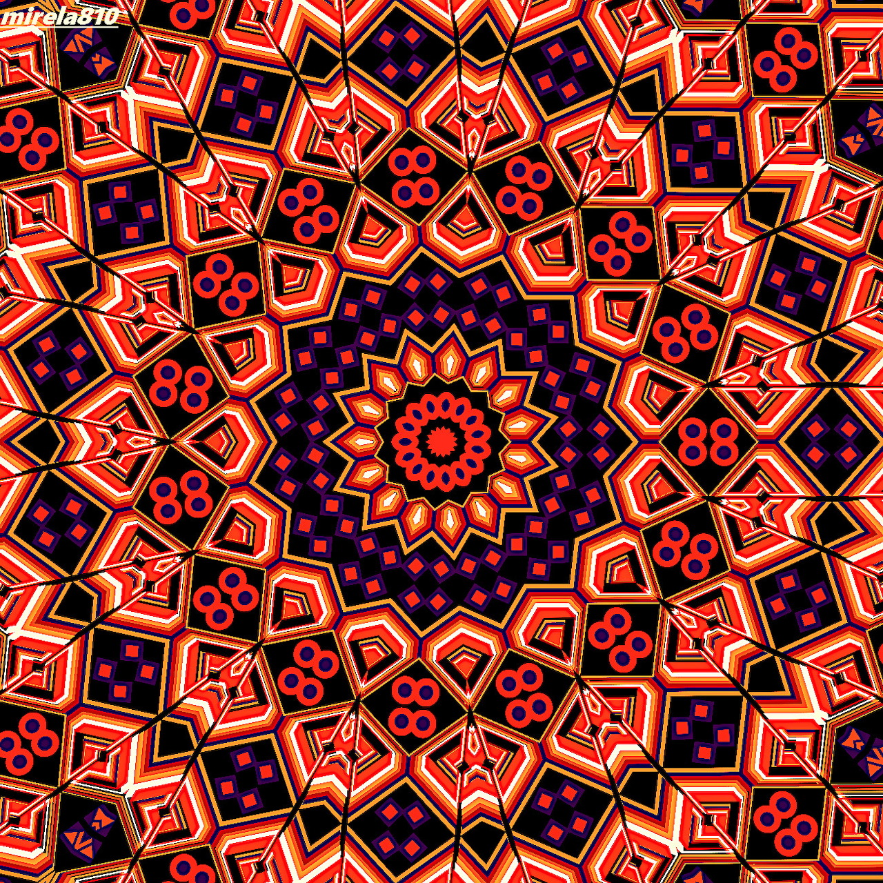 Symmetrical mandala with orange and red geometric patterns radiating from center on dark purple background