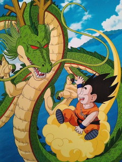 Young Goku on Flying Nimbus cloud next to green dragon Shenron from Dragon Ball anime