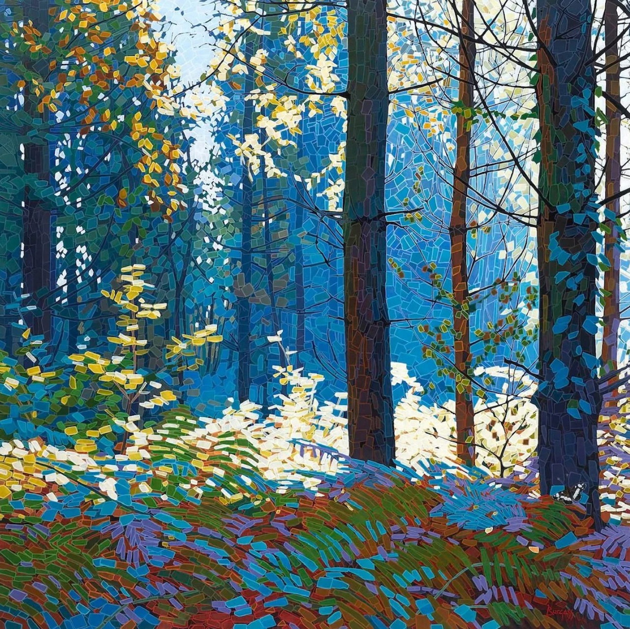 Colorful painting of a forest with tall trees, blue shadows, and sunlit foliage