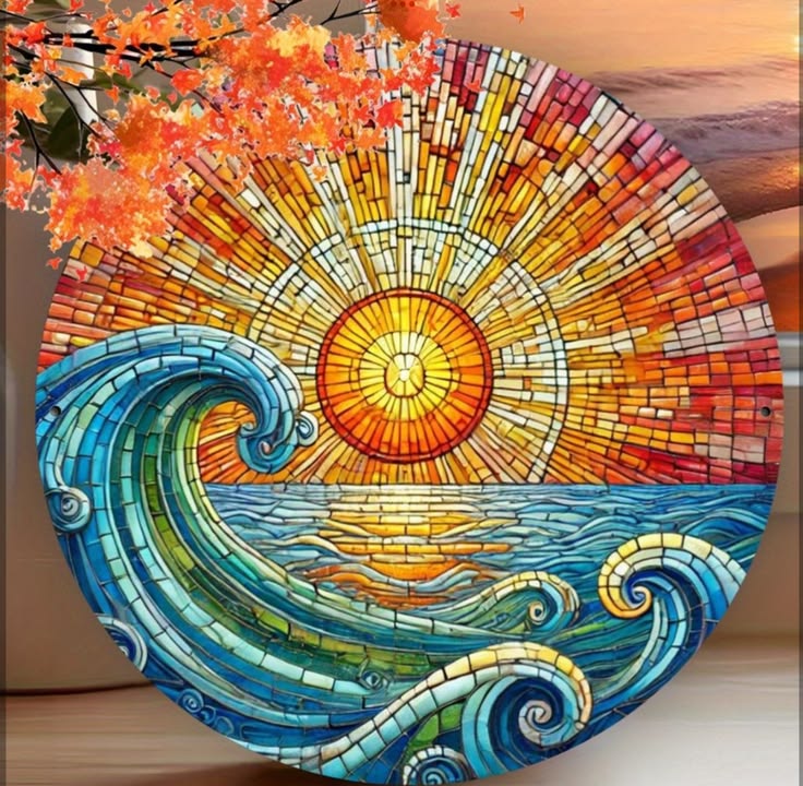 Round mosaic artwork of blue waves and a bright sunset with orange leaves
