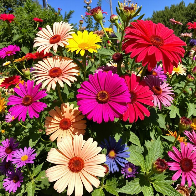 Colorful meadow flowers in pink, white, yellow, and purple with green foliage
